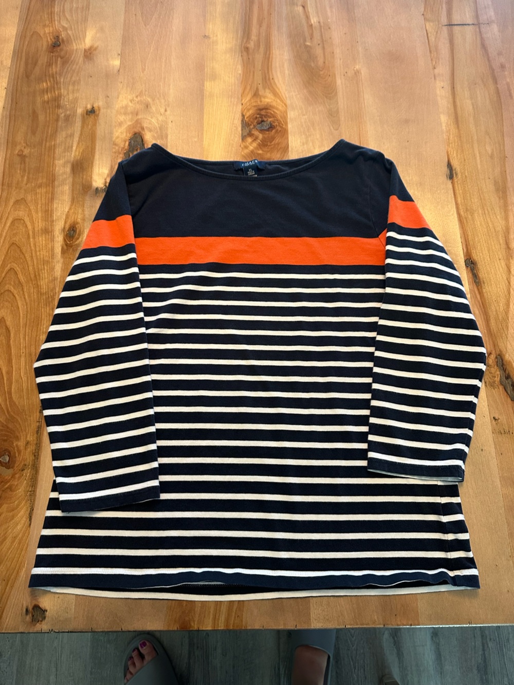 Chaps Navy, White and Orange Striped Long Sleeve Tee